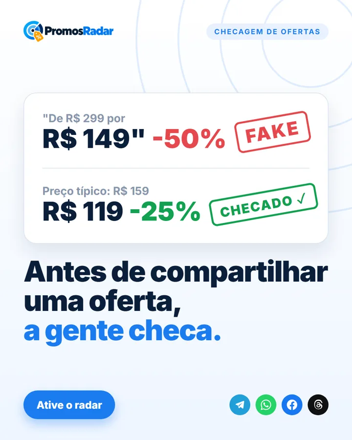 Arte do PromosRadar: um “de R$ 299 por R$ 149, -50%” marcado como fake, ao lado de um desconto de 25% sobre o preço típico marcado como checado.