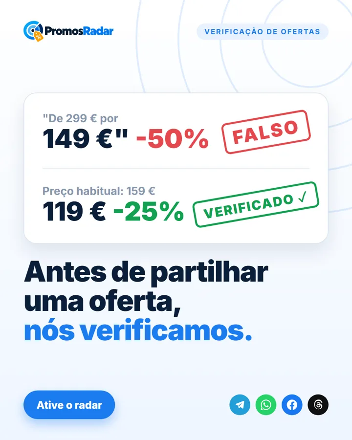 Arte do PromosRadar: um “de 299 € por 149 €, -50%” marcado como falso, ao lado de um desconto de 25% face ao preço habitual marcado como verificado.